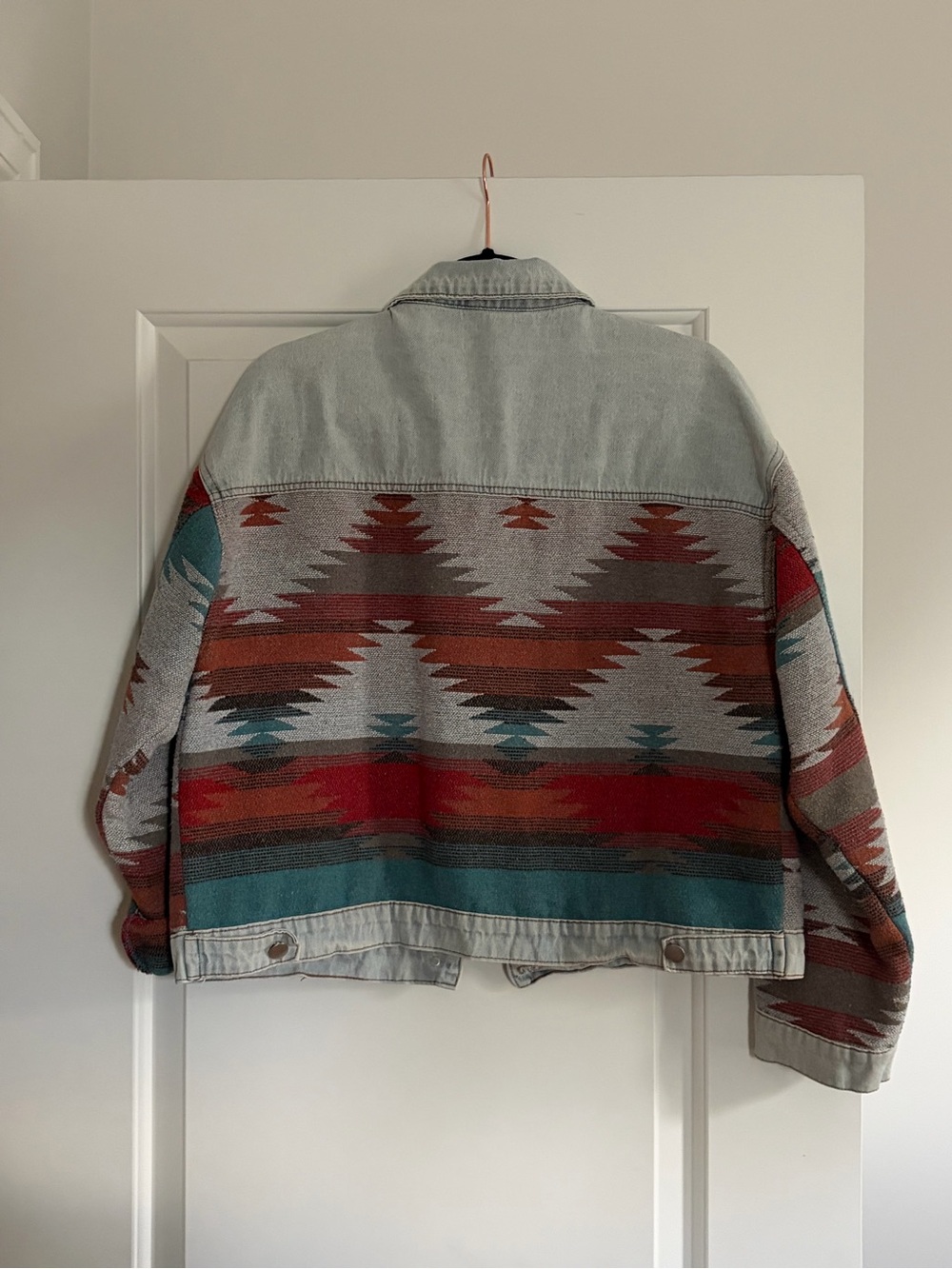 Aztec-Pattern Denim Jacket in Teal & Rust - Picture 3 of 5